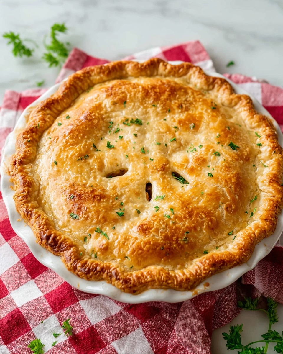 A whole golden-brown pie sits in a white pie dish with a crimped edge, its top crust flaky and evenly browned with small green parsley leaves scattered on it. The pie crust has four vent slits arranged in a circle at the center, allowing the filling to breathe. The pie dish rests on a red and white checkered cloth, placed on a white marbled surface with some green parsley sprigs nearby. The pie looks warm and inviting with a slightly textured crust and a soft shine. Photo taken with an iphone --ar 4:5 --v 7