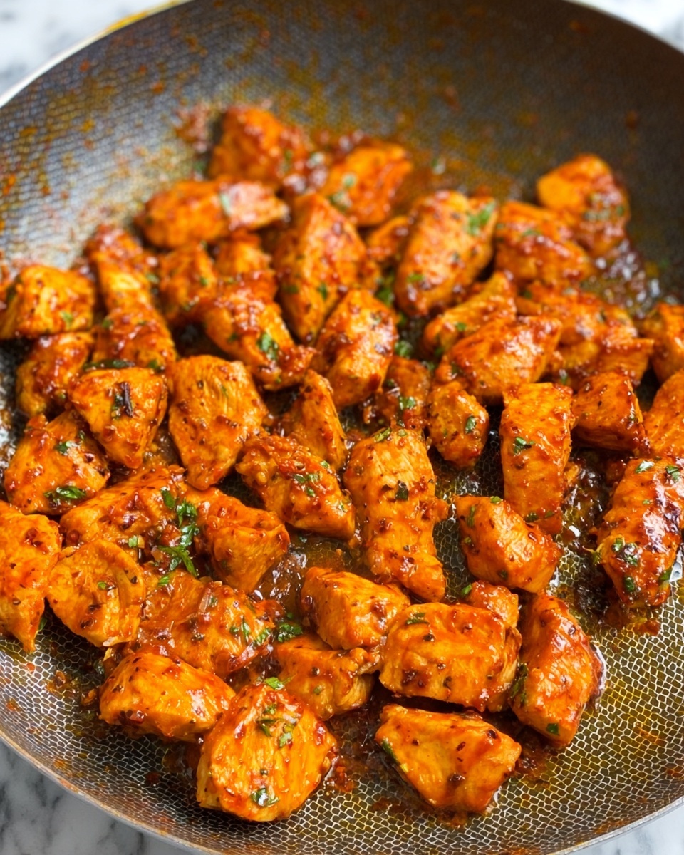 This image shows many small pieces of cooked chicken coated in a shiny, reddish-orange sauce with visible herbs and spices, all in a frying pan. The chicken pieces have a soft texture with slightly browned edges, showing they are well cooked. The pan has a honeycomb pattern inside and some oil glistens between the chicken pieces, adding a rich look. Small bits of green herbs are scattered evenly on the chicken, giving a fresh touch to the warm colors. The background is a white marbled surface. photo taken with an iphone --ar 4:5 --v 7