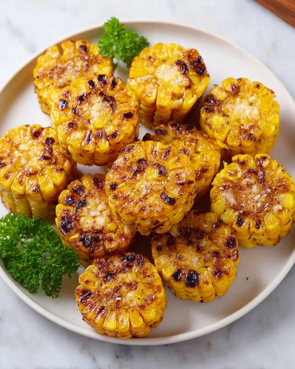 The image shows a white plate filled with several pieces of grilled corn sliced into thick rounds. Each corn piece has a golden-yellow color with charred, brown spots scattered across the surface, indicating they are cooked and slightly crispy. Some pieces show a bit of melted butter or seasoning that adds a shiny texture to certain areas. The plate is placed on a white marbled textured surface with a small garnish of green parsley visible on the side. Photo taken with an iphone --ar 4:5 --v 7