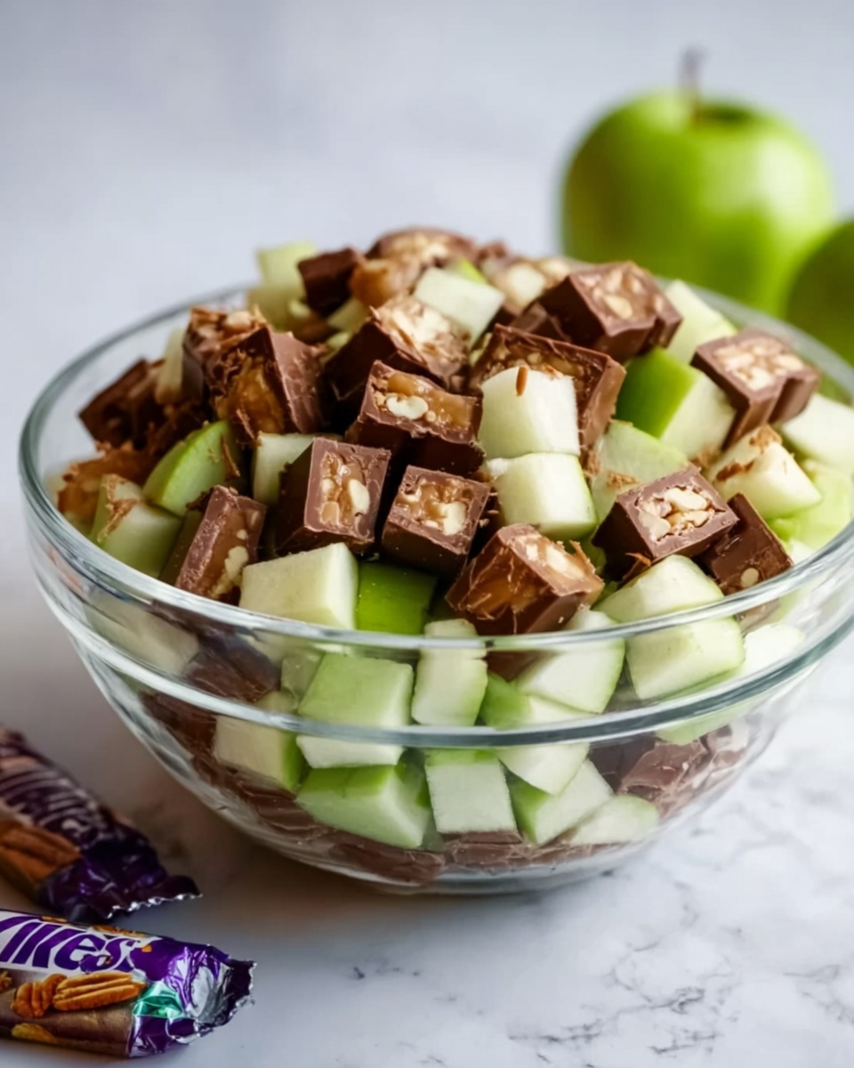 A clear glass bowl filled with a mixture of two main components: on the bottom and middle layers are small, crisp green apple pieces with light green skin and pale white flesh, and on the top layer are bite-sized chunks of chocolate-covered candy bars with visible caramel and nuts inside. The bowl sits on a white marbled surface, with a green apple and a wrapped candy bar blurred in the background. A woman's hand is not visible in this image. photo taken with an iphone --ar 4:5 --v 7