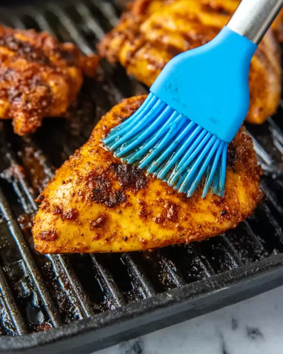 The image shows a close-up of grilled chicken pieces on a black grill. There are two pieces of chicken with a golden brown surface and darker spices or char marks. A woman's hand holds a blue silicone brush that is applying a shiny sauce or oil to the chicken, creating a glossy texture on the surface. The background is a white marbled texture. Photo taken with an iphone --ar 4:5 --v 7