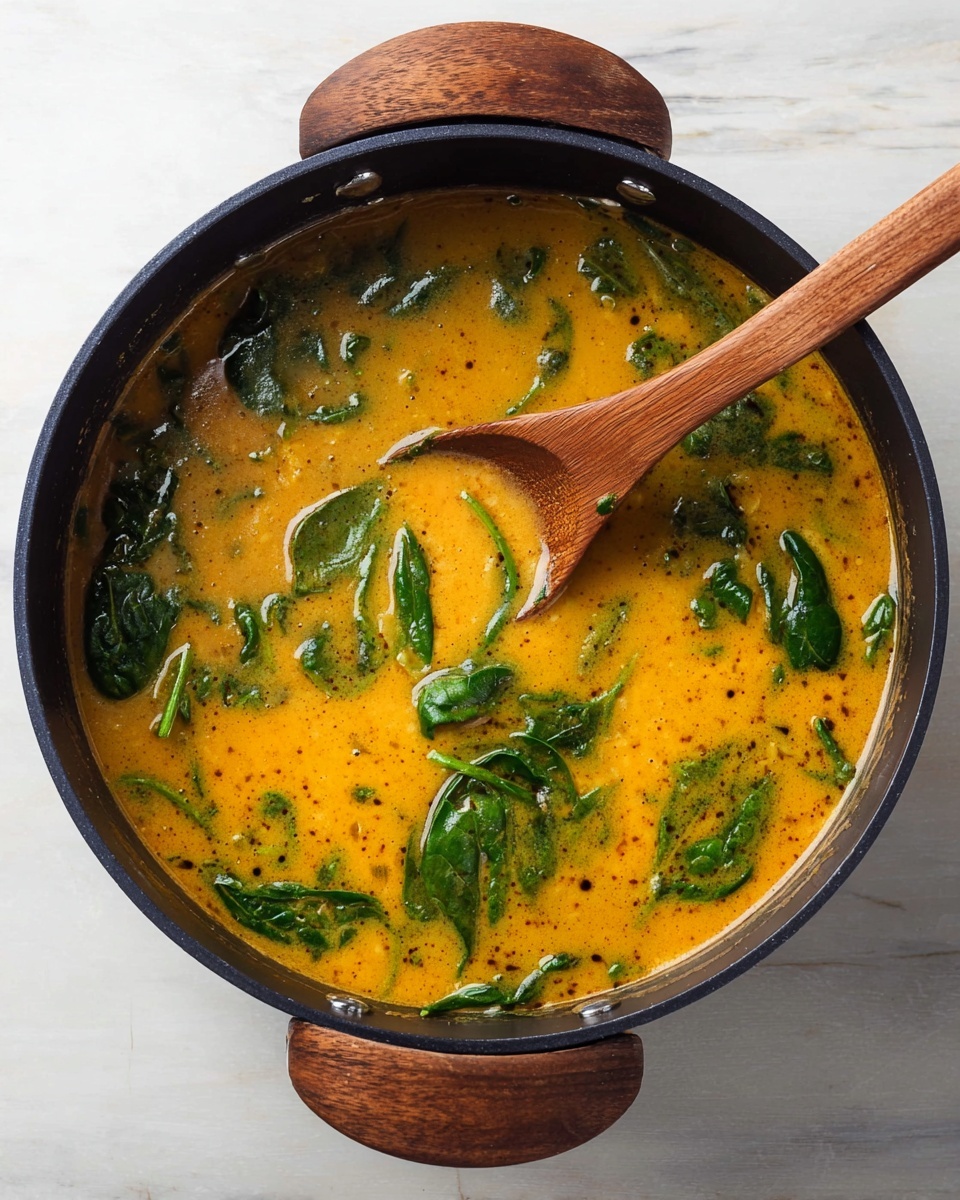 A dark pan with two handles holds a thick orange-yellow liquid with small brown specks. Inside the liquid are large green spinach leaves floating throughout. A wooden spoon is dipped into the pan, partially lifted with more of the liquid filling it. The pan sits on a white marbled surface. photo taken with an iphone --ar 4:5 --v 7