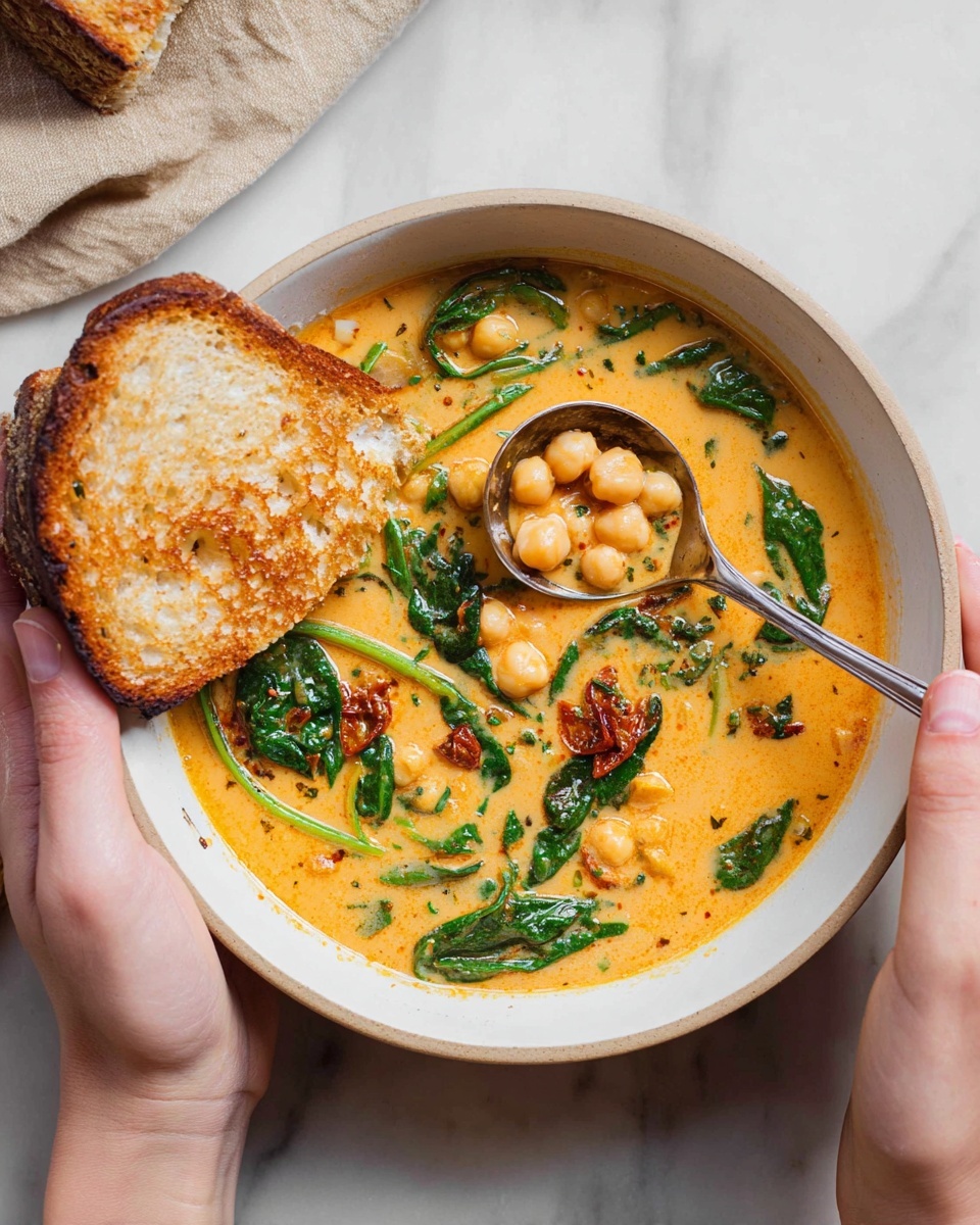 A white bowl filled with a creamy orange soup that has visible chickpeas, dark green spinach leaves, and small pieces of dried tomato, with a large light brown toasted bread slice partially dipped in the soup on the left side of the bowl, a silver spoon resting in the soup holding chickpeas and spinach close to the center, all held by two woman's hands on a white marbled surface. photo taken with an iphone --ar 4:5 --v 7