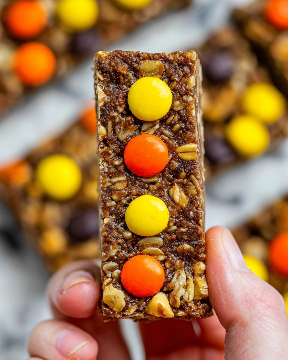 A close-up view shows a thick homemade granola bar held by a woman's hand pinching the top edge. The bar has a dark brown base with visible oats and small nut pieces. On top, there are three large candy pieces in a vertical row, alternating yellow and orange colors, each having a smooth, shiny texture. In the blurred background, more granola bars topped with similar colored candies are visible on a white marbled surface. photo taken with an iphone --ar 4:5 --v 7