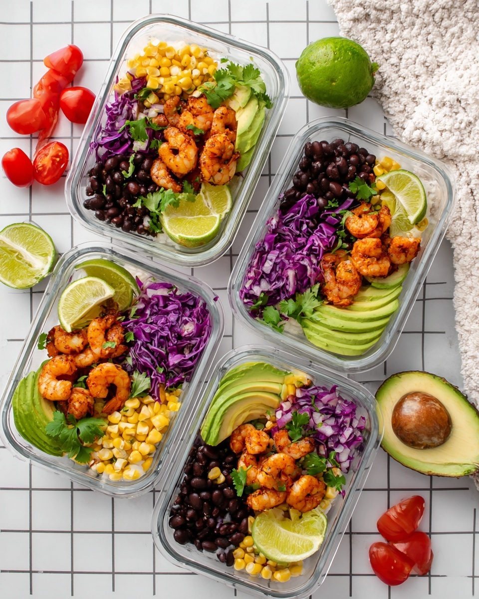 A clear glass container shows a colorful layered meal with six distinct sections. On the left side, there is a layer of cooked shrimp with a slightly crispy, orange-brown coating, topped with a green lime wedge. Next to it, there is a small pile of black beans with a shiny texture. In the middle, bright yellow corn kernels peek out beneath a bunch of fresh green cilantro leaves. To the right of the herbs, finely chopped red onions form a small mound next to thin strands of purple cabbage. On the far right, halved cherry tomatoes with glossy red skin sit next to chunks of bright green avocado with a soft, smooth texture. The container is placed on a white marbled surface with parts of halved avocado and cherry tomatoes around it. Photo taken with an iphone --ar 4:5 --v 7
