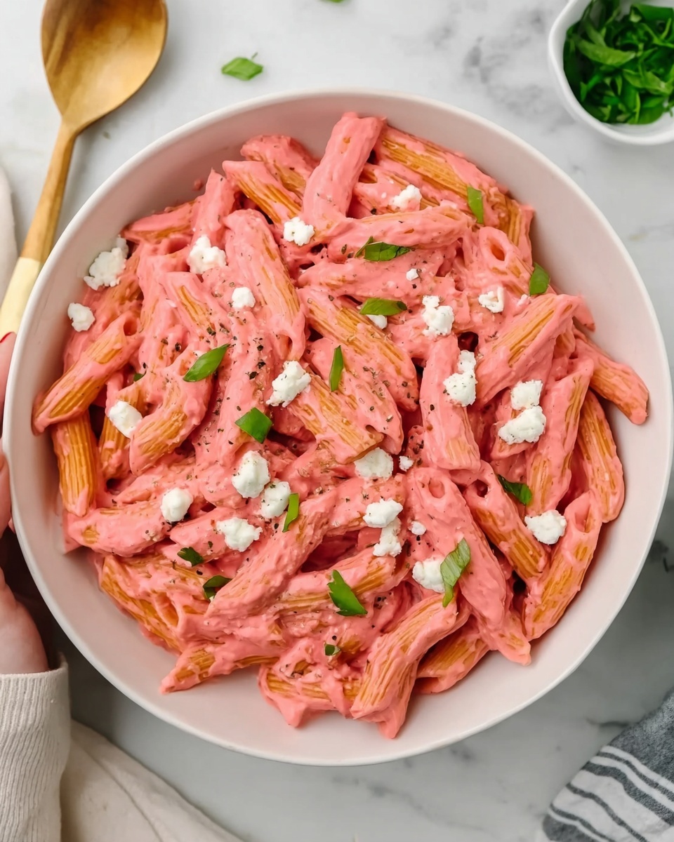 A close-up image of cooked pale yellow penne pasta filling a silver pot as a creamy, thick bright pink sauce is poured over it from a red container held by a woman's hand. The creamy sauce flows in a smooth, glossy stream, lying on top of the pasta in a soft mound layer. The background shows a white marbled texture. photo taken with an iphone --ar 4:5 --v 7
