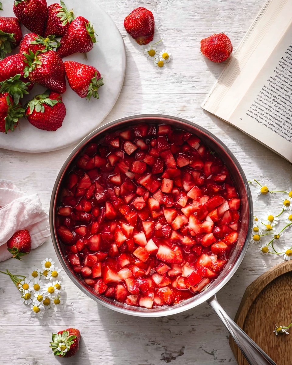The image shows a shiny silver pan filled with small, bright red diced strawberries covering the whole bottom layer evenly. Near the pan, on the left side, there is a white plate with whole fresh strawberries with green leaves on top, placed on a white marbled surface. To the right, there is an open book with a few strawberry halves scattered around it and small white and yellow chamomile flowers lying on the page and a wooden plate beside it. The whole scene is bright with natural light, and the surface underneath is a white marbled texture photo taken with an iphone --ar 4:5 --v 7