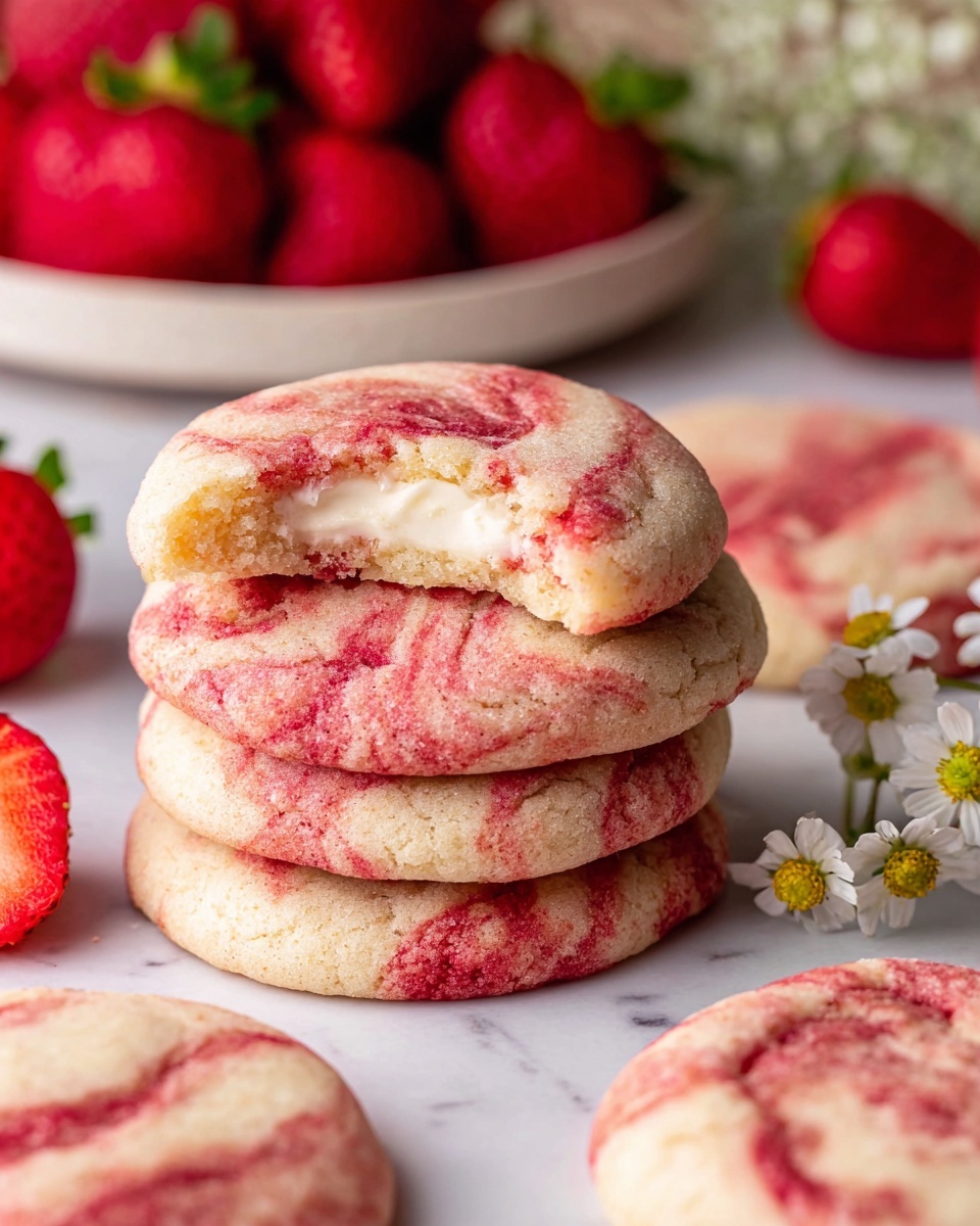 A stack of four soft cookies sits on a white marbled surface, each cookie showing light pink and red swirls throughout. The top cookie has a bite taken out, revealing a creamy white layer inside between the cookie layers. Surrounding the stack are more cookies with similar pink-red swirls. In the background, to the left, there is a white plate filled with whole fresh strawberries, and some sliced strawberries and small white flowers are placed on the surface near the cookies. photo taken with an iphone --ar 4:5 --v 7