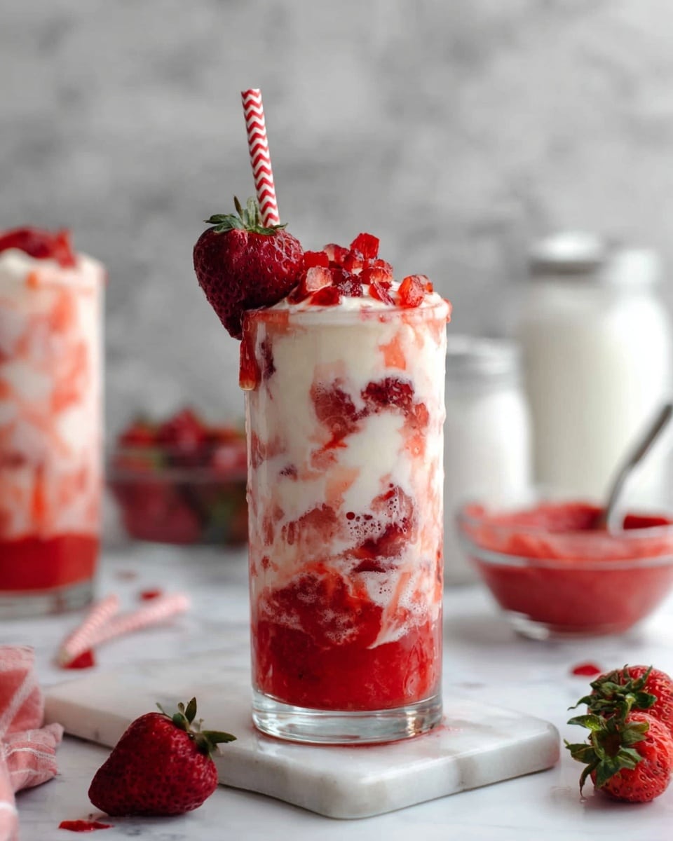 A tall clear glass filled with three main layers: the bottom layer is a bright red strawberry puree, the middle and top layers are creamy white with red strawberry chunks mixed in, creating a swirled effect. On top, small pieces of fresh strawberries are scattered, and a whole red strawberry with green leaves is placed on the rim. A red and white striped paper straw is inserted into the drink. The glass sits on a white marbled surface with scattered fresh strawberry pieces around it, and in the background, a second similar glass and a small clear bowl with red puree and a spoon can be seen, along with blurred white jars. photo taken with an iphone --ar 4:5 --v 7