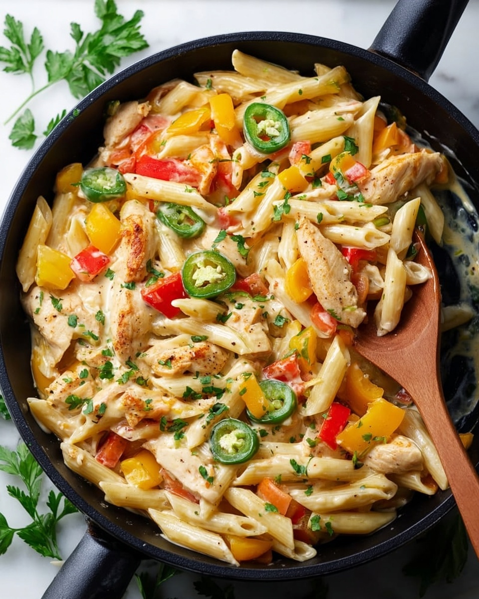 A black skillet filled with creamy penne pasta mixed with pieces of light golden cooked chicken. The dish includes colorful chopped bell peppers in red and yellow, along with slices of green jalapeños scattered on top. Fresh chopped parsley is sprinkled over the pasta, adding a touch of green. A wooden spoon is dipped into the pasta on the right side, slightly lifting some pieces. The skillet rests on a white marbled surface with some parsley leaves around. The sauce is creamy with a smooth texture coating the pasta and chicken evenly. photo taken with an iphone --ar 4:5 --v 7