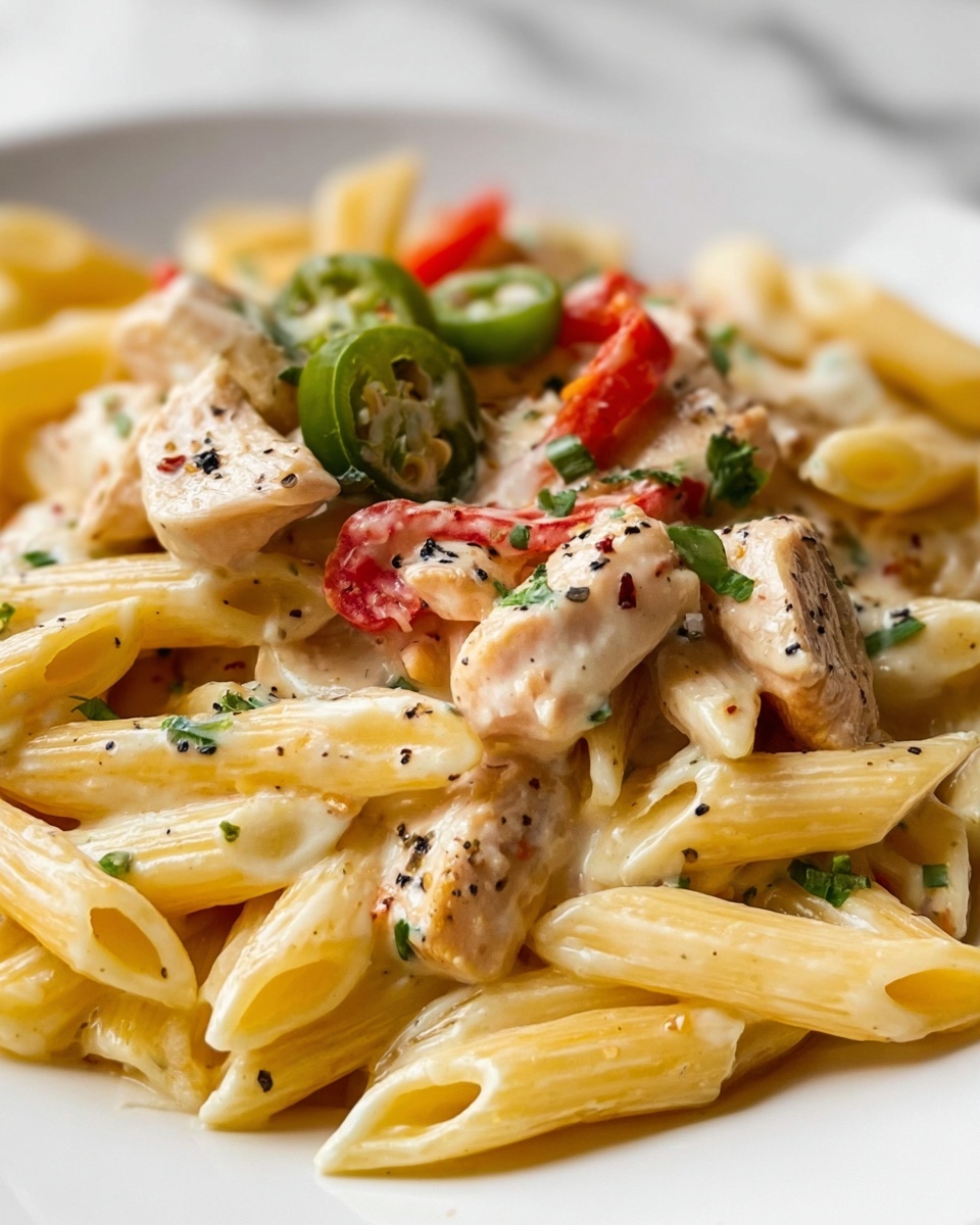 This image shows a close-up of creamy pasta with three main layers visible. The first layer is the yellow penne pasta with a smooth, slightly shiny texture, scattered across the white plate. The second layer is the creamy white sauce coating the pasta, creating a rich and smooth texture. The top layer consists of small pieces of white chicken with hints of black pepper, a few small red bell pepper chunks, green jalapeño slices, and finely chopped green herbs sprinkled all over. The background is a white marbled surface. photo taken with an iphone --ar 4:5 --v 7