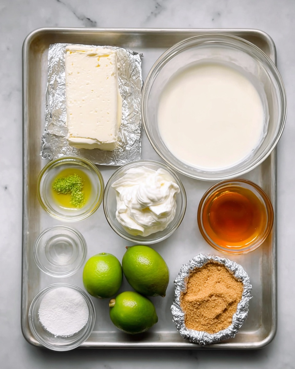 The image shows a metal tray holding clear glass bowls and a silver foil cup with various ingredients neatly arranged on a white marbled surface. On the top left corner, an unwrapped rectangular block of white cream cheese lies directly on the tray. Below it, a small glass bowl contains a pale yellow liquid, while next to it is a tiny clear bowl with bright green lime zest. In the center, a large glass bowl is filled with smooth white cream or milk. Above this, another small glass bowl holds thick white whipped cream. To the right of it, a medium glass bowl contains an orange creamy mixture. Three fresh green limes sit beside the bowl. Below them, a small glass bowl holds a dark amber liquid, and next to it, a silver foil cup is filled with light brown graham cracker crumbs. Finally, near the center bottom of the tray, a small bowl contains a white powder, likely sugar or cornstarch. photo taken with an iphone --ar 4:5 --v 7