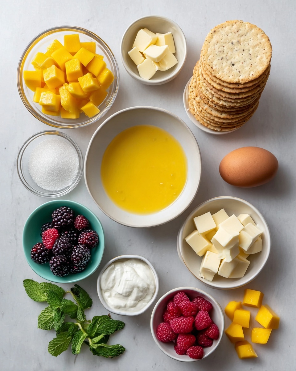 The image shows several small white bowls and plates arranged on a white marbled surface, each filled with different ingredients. There is a round white bowl at the center with a smooth yellow liquid, possibly melted butter. Above it, a white plate holds several small yellow solid pieces, likely butter chunks. To the right, a stack of round beige crackers sits next to two brown eggs. Below the eggs, a small white bowl contains a mix of fresh red raspberries and blackberries. Above the berries, a small white bowl holds white cream. To the left of the cream, there is another white bowl with pale yellow cheese cubes. Near the bottom left corner, a turquoise bowl filled with white granulated sugar and a smaller white bowl with coarse salt are positioned side by side. At the top left corner, a glass bowl is filled with diced yellow mango pieces, and below it, fresh green mint leaves add a pop of color. A few loose mango cubes are scattered near the bottom right. All items are neatly arranged with clear, simple colors and textures. Photo taken with an iphone --ar 4:5 --v 7