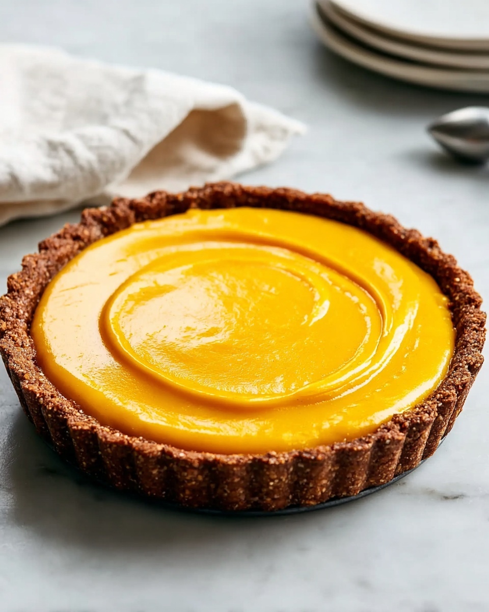 A round tart with a crumbly brown crust on the edges holds a smooth, bright orange filling that looks creamy and shiny. The filling is evenly spread with two spiral lines on top, creating a soft texture contrast with the crust. The tart sits on a white marbled surface with a kitchen tool and a white cloth blurred in the background, adding a cozy kitchen feel. Photo taken with an iphone --ar 4:5 --v 7