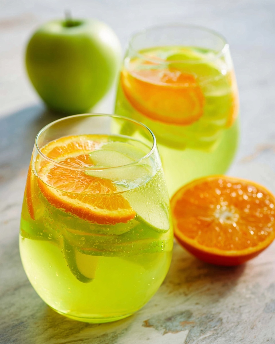 A clear glass filled with yellow juice and ice cubes is shown, with two types of fruit pieces inside: green apple cubes near the top and a red strawberry chunk near the middle. A bright orange slice is placed on the rim of the glass. The glass sits on a dark brown, textured coaster, and the background is softly blurred with green and colorful elements, making the drink stand out. The surface beneath the coaster is a white marbled texture. photo taken with an iphone --ar 4:5 --v 7