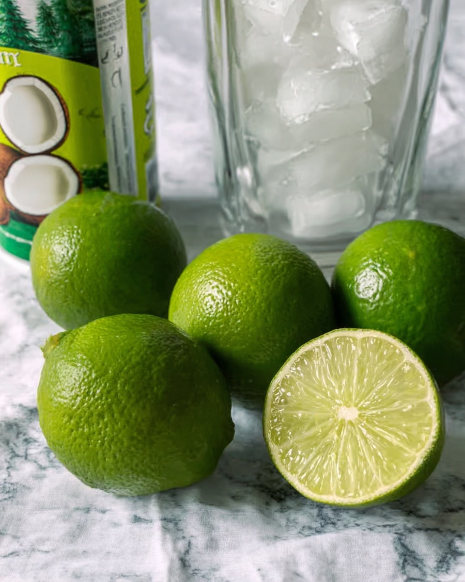 The image shows a white marbled surface with five whole bright green limes and one lime cut in half, showing its juicy, pale green inside. Behind the limes, there is a canned coconut milk container with pictures of coconuts, and next to it is a clear glass filled with white ice cubes. The colors are fresh and natural, with a focus on the green limes in the front and the clear textures of glass and ice in the back. photo taken with an iphone --ar 4:5 --v 7