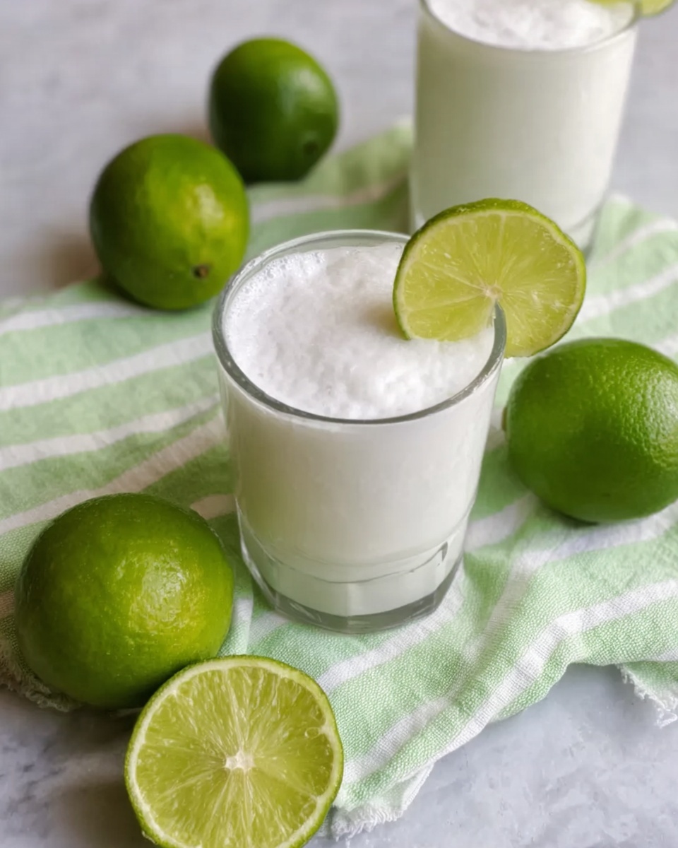The image shows a clear glass cup filled with a white, frothy drink, topped with a round lime slice on the rim. The glass is placed on a soft cloth with pale green stripes, surrounded by whole and halved bright green limes. The scene is set on a white marbled surface. In the background, there is another glass with the same white drink, slightly out of focus. The overall look is fresh and clean, with strong green and white colors. photo taken with an iphone --ar 4:5 --v 7