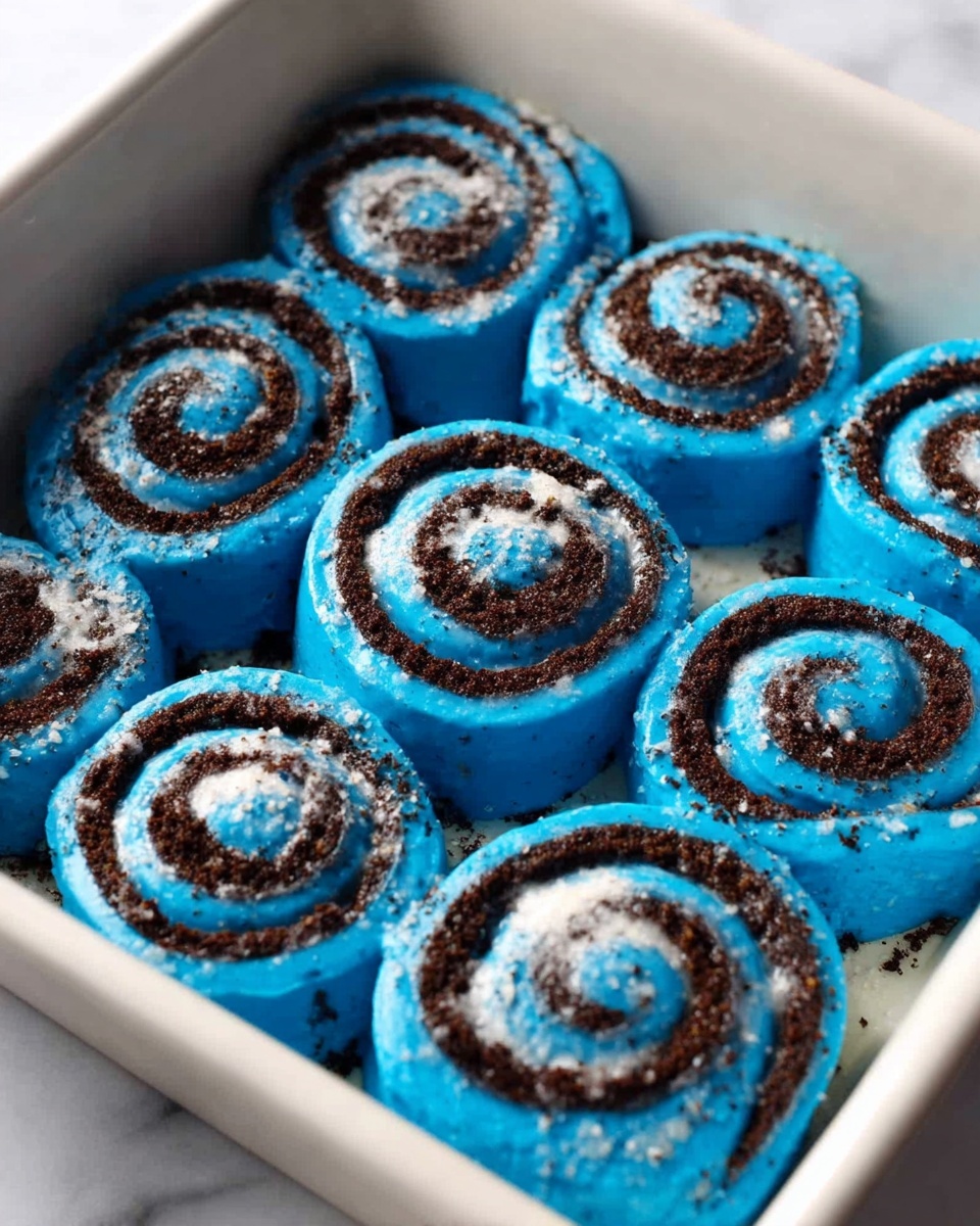 The image shows a white baking dish filled with bright blue cinnamon roll spirals. Each roll has two visible layers: a bright blue outer dough layer and a dark brown cinnamon swirl on top with some lighter specks of powdered sugar or glaze unevenly spread across. The rolls are closely packed, some touching each other, and the white marbled surface underneath the baking dish is faintly visible. The texture of the rolls looks soft and smooth, with the cinnamon swirl providing a rough contrast. Photo taken with an iphone --ar 4:5 --v 7