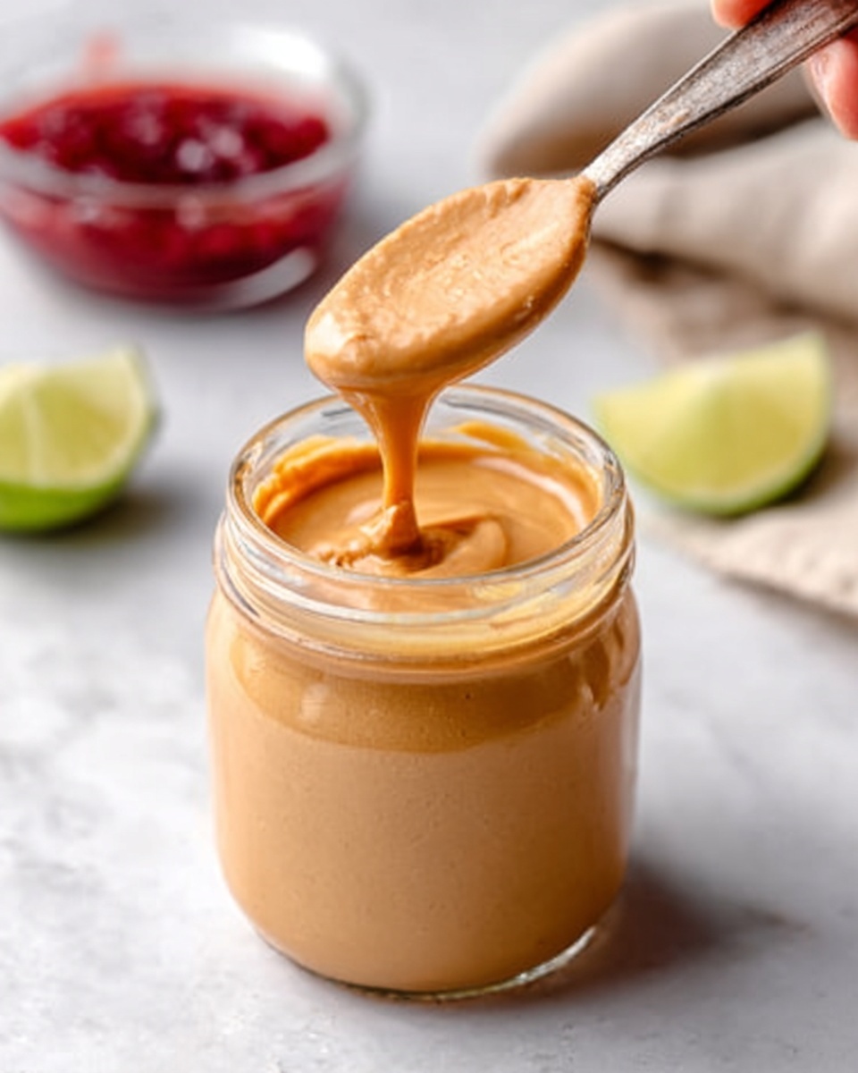 The image shows a small glass jar filled almost to the top with smooth, creamy peanut butter of a light brown color. A spoon with some peanut butter dripping off is held above the jar by a woman's hand, showing the thick texture. In the background, there is a slightly blurred small glass bowl with red jam and half a lime nearby, all placed on a white marbled surface. The overall scene is bright and clean. photo taken with an iphone --ar 4:5 --v 7