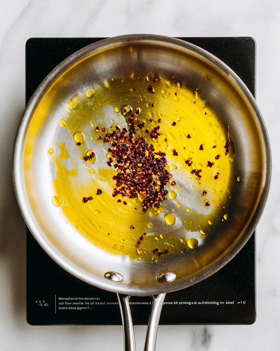 A stainless steel frying pan is seen from above on a black stove, containing scattered yellow oil spread in the center with a cluster of small dark red chili flakes on top, some oil droplets shiny and reflecting light. The pan surface has a brushed texture with light scratches, and the stove edges are visible at the bottom with two shiny metal handles of the pan pointing downward. The background around the stove is a white marbled texture. photo taken with an iphone --ar 4:5 --v 7