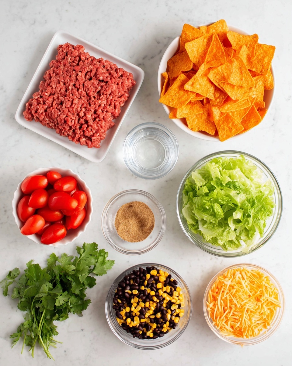 The image shows several ingredients arranged neatly on a white marbled surface. In the top left, there is a white tray with raw ground meat in a red and pink color, next to a small clear glass bowl of water. Moving right, there is a white bowl filled with bright orange corn chips, and a sprig of fresh green cilantro lies near it. Below, a small white bowl holds light brown spice powder. At the bottom left, a small white bowl contains halved red grape tomatoes. In the center, a clear glass bowl is filled with green chopped lettuce. To the right, two small white bowls contain orange shredded cheese and a mix of yellow corn and black beans. The layout is clean and organized. Photo taken with an iphone --ar 4:5 --v 7