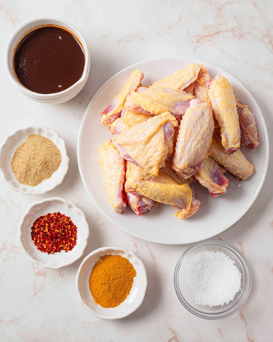 On a white plate placed on a white marbled surface, there is a pile of raw chicken wings showing a mix of pale yellow and pink skin with some visible red bones. Below the plate, there is a small white bowl divided visually into five parts with different dry spices: light tan granules, yellow powder, black pepper, red chili flakes, and bright red powder. To the left, a white bowl holds dark brown thick sauce with a smooth surface, and on the right side, there is a small clear bowl with white salt. photo taken with an iphone --ar 4:5 --v 7