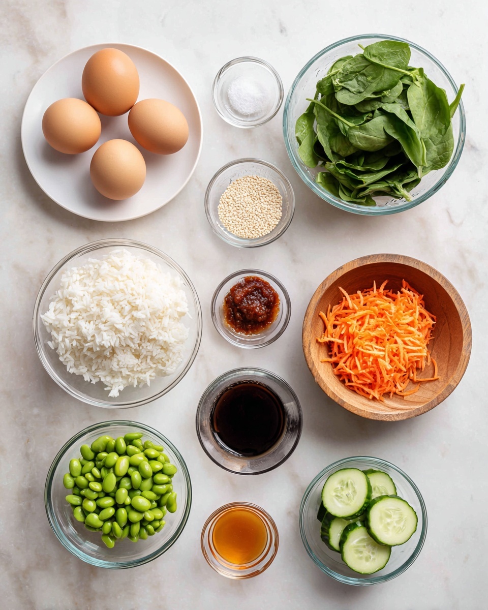 The image shows several small white dishes arranged on a white marbled surface, each holding different fresh ingredients. There are three whole brown eggs on a white plate at the top left, a clear glass bowl with fresh green spinach leaves at the top right, and a smaller clear bowl with light brown sesame seeds next to it. Below, a medium bowl holds shredded bright orange carrots and next to it, a wooden bowl is filled with fluffy white rice. There are also four small clear bowls containing salt, dark brown sauce, a thick reddish-brown paste, and a light amber liquid. At the bottom left is a shallow clear round bowl with green edamame beans, and at the bottom right, a clear bowl contains thin, round cucumber slices. Photo taken with an iphone --ar 4:5 --v 7