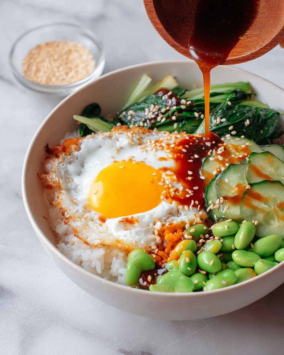 The dish is shown in a white bowl on a white marbled surface, with a base layer of white rice. On top, there is a sunny-side-up egg with a bright yellow runny yolk and white edges that are crisp and brown. To the right of the egg are bright green edamame beans with some light orange bits mixed in. Above the edamame, there are green spinach leaves, slightly wilted. Next to the spinach are thin cucumber slices sprinkled with sesame seeds. A dark reddish-brown sauce is being poured over the food from a round wooden container held by a woman's hand. The sauce drizzles over the egg and vegetables, with some sesame seeds scattered on top. In the background, a small clear glass bowl with sesame seeds is partly visible. Photo taken with an iphone --ar 4:5 --v 7