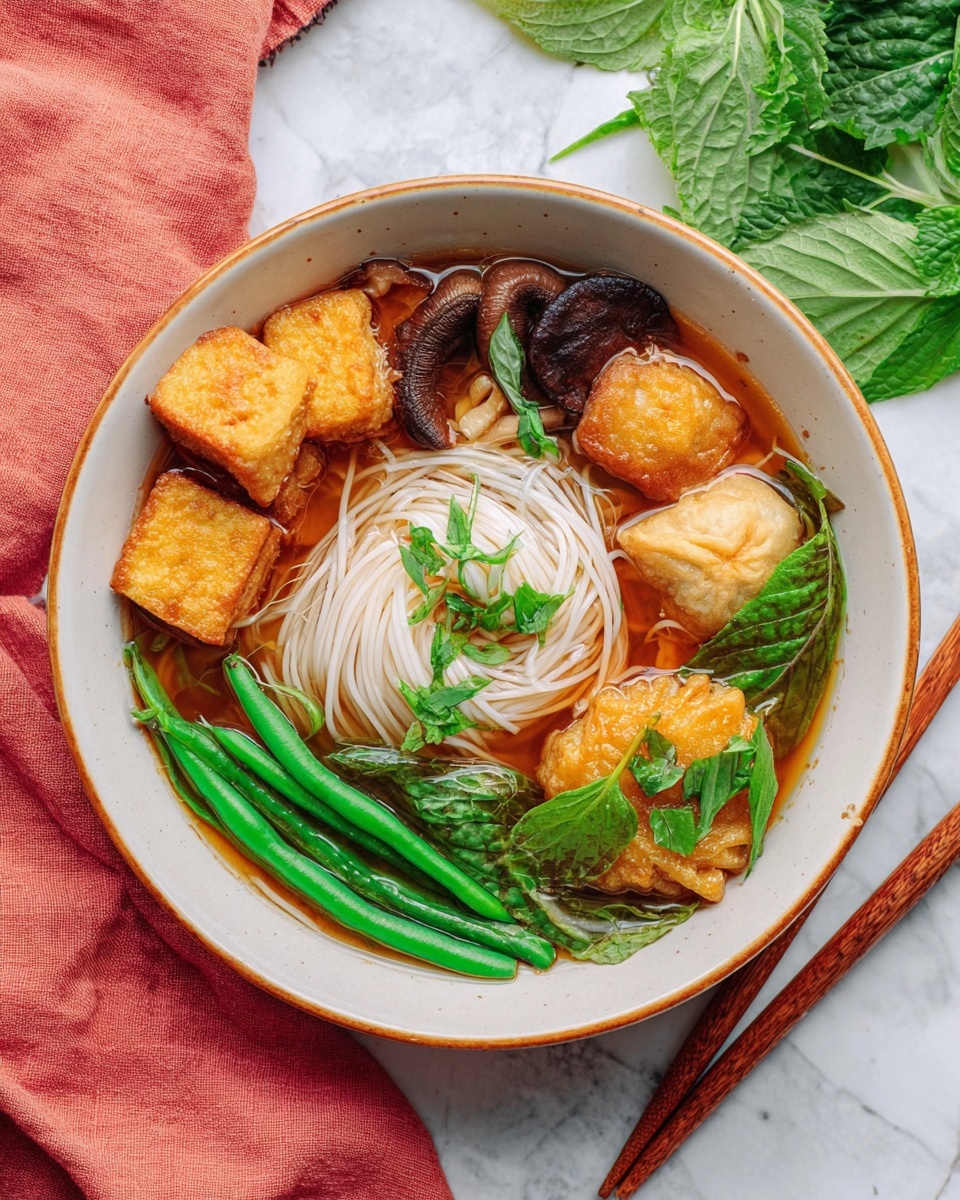 A white bowl filled with clear brown broth holding several ingredients arranged in layers: in the center is a bundle of white thin noodles topped with small green leaves; to the top left are two golden brown fried tofu cubes; next to them are dark brown shiitake mushrooms; to the top right is a beige tofu piece garnished with green leaves; at the bottom right is a golden brown fried dumpling with a crispy texture, partially covered by fresh green leaves; along the left side are bright green long beans. The bowl is placed on a white marbled surface with wooden chopsticks on the bottom right and some fresh green leaves in the upper background, with a coral pink cloth on the bottom left. photo taken with an iphone --ar 4:5 --v 7
