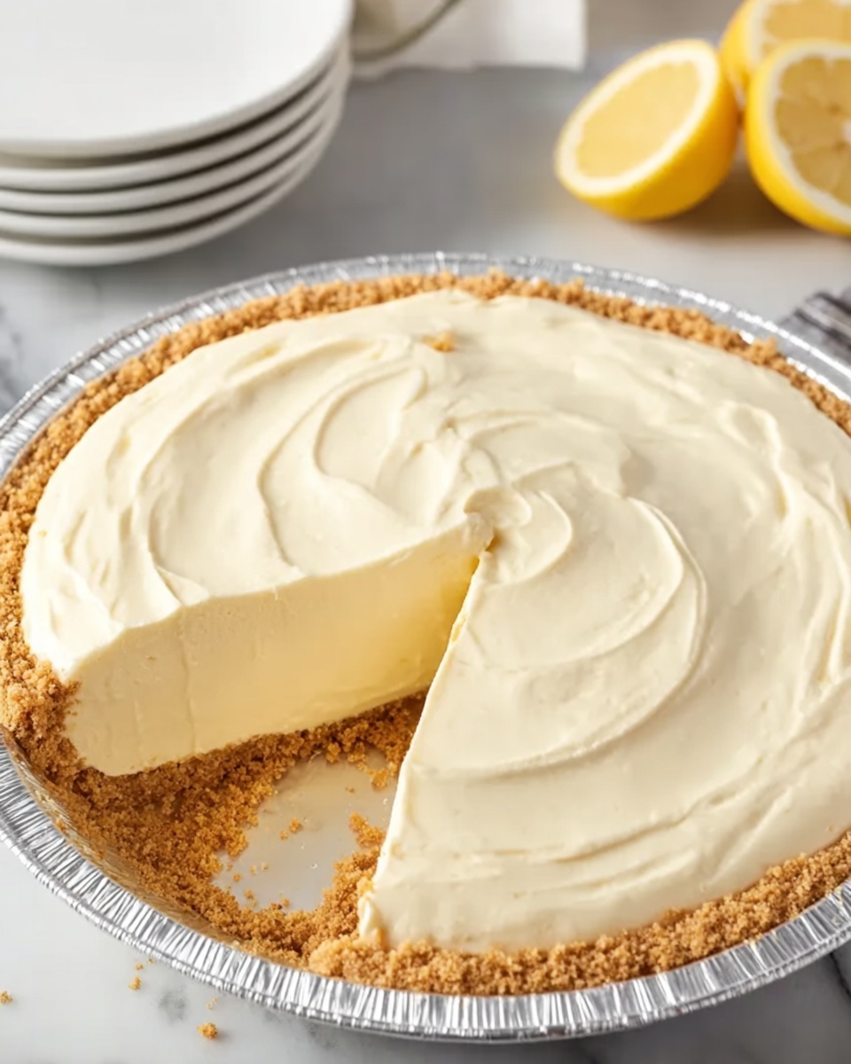 A round pie with three visible layers is shown. The bottom layer is a light brown crumbly crust pressed firmly inside a shiny aluminum pie pan. Above the crust is a thick, creamy off-white filling with a smooth and slightly firm texture. The top layer is a thin, even spread of the same creamy filling with gentle swirls on the surface. A wedge-shaped slice has been removed, revealing the clean edges between the crust and filling. Some scattered crumbs rest inside the pan where the slice was removed. In the background, a stack of four white plates and a half lemon on a white marbled surface are partially visible. Photo taken with an iphone --ar 4:5 --v 7