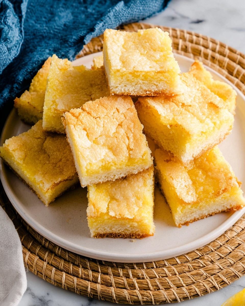 The image shows a close-up of three stacked lemon bars on a white marbled surface. Each bar has two layers: the bottom layer is a thick, golden-brown crust with a slightly crumbly texture, and the top layer is a bright, yellow lemon filling with a smooth and slightly shiny surface. The bars have rough edges, and the top lemon layer appears moist with a slight crackling effect on the surface. In the background, there is a blurred white cup and some more lemon bars, giving a cozy and fresh feel. Photo taken with an iphone --ar 4:5 --v 7