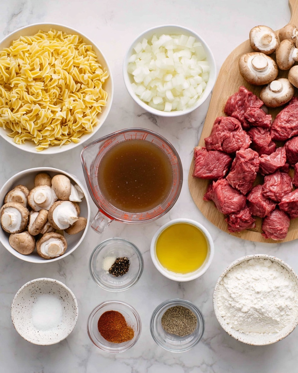 The image shows several ingredients spread on a white marbled surface. There is a large white bowl filled with yellow curly egg noodles at the bottom left. Above it, there is a white bowl with chopped white onions. Next to it, a white bowl contains whole brown mushrooms. To the right, a wooden board holds many pieces of raw red beef. In the center, a clear glass measuring cup is filled with brown broth, and next to it, a small clear glass bowl contains golden yellow oil. Below the oil, a small white speckled bowl holds a dark liquid, likely sauce. There are also small clear bowls with white salt, black pepper, and red spice powder spread around. A white bowl near the bottom right holds white thick cream, and next to it is another white bowl filled with white flour. The scene is neat and bright, with a clean cooking preparation style visible. Photo taken with an iphone --ar 4:5 --v 7