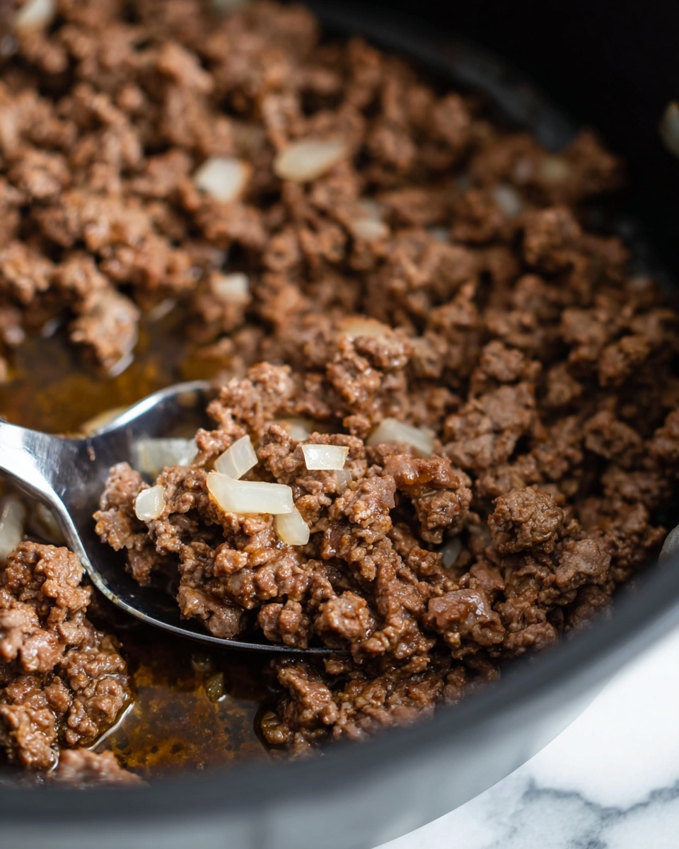 This image shows a close-up of browned ground meat cooked with small white onion pieces mixed in. The meat is crumbled into many small uneven chunks, showing a rough texture. It sits in a black pot that holds a small pool of brown juice at the bottom. A silver spoon with some onion rests among the meat on the left side. The focus is on the center of the meat, and the edges blur out slightly. The background is a white marbled texture. photo taken with an iphone --ar 4:5 --v 7