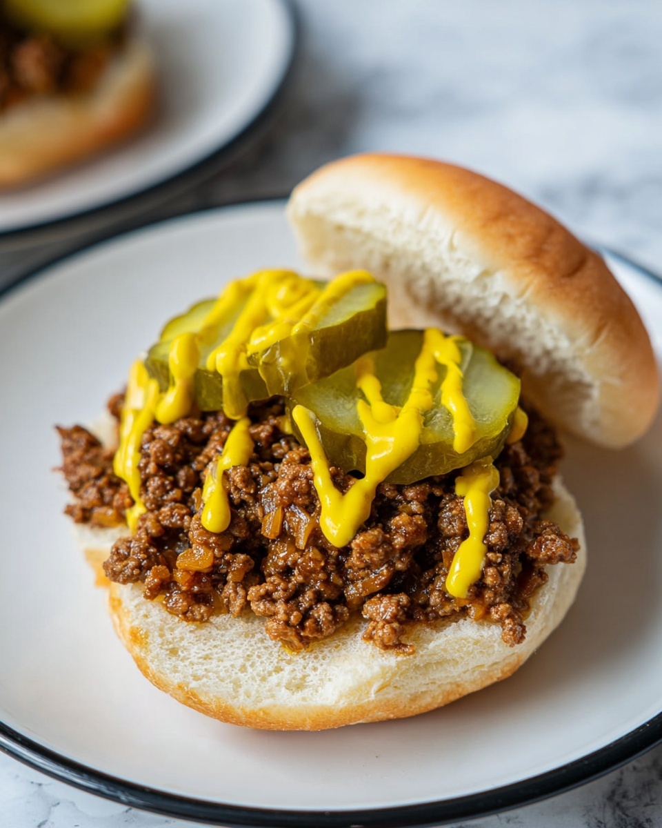 The image shows an open sandwich on a white plate with a white marbled background. The sandwich has three layers: the bottom layer is a soft, lightly toasted sandwich bun with a pale golden color. On top of the bun is finely crumbled cooked ground beef mixed with small bits of cooked onions, creating a brown textured layer. The top layer consists of three green pickle slices placed side by side, each with ridged edges. Bright yellow mustard sauce is drizzled over the pickles in thin lines. The top half of the bun leans against the sandwich at the back, showing its soft, pale inside. Photo taken with an iphone --ar 4:5 --v 7