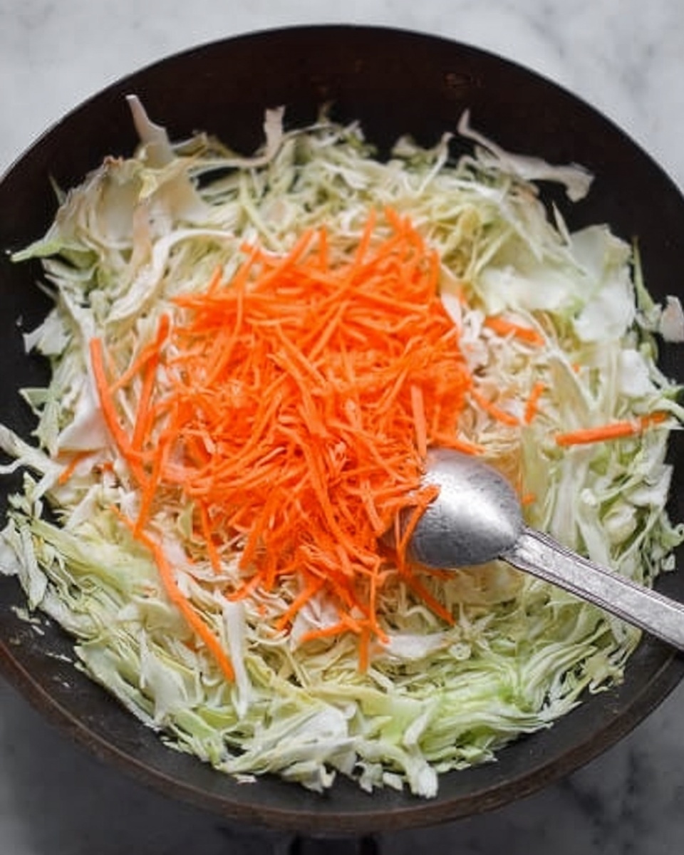The image shows a black pan filled with thinly sliced white and light green cabbage forming the bottom layer, spread evenly around the edges. On top of the cabbage in the center is a smaller pile of thinly sliced bright orange carrot strips. A shiny metal spoon is placed in the center, mixing the carrot and cabbage together. The surface under the pan is a white marbled texture photo taken with an iphone --ar 4:5 --v 7