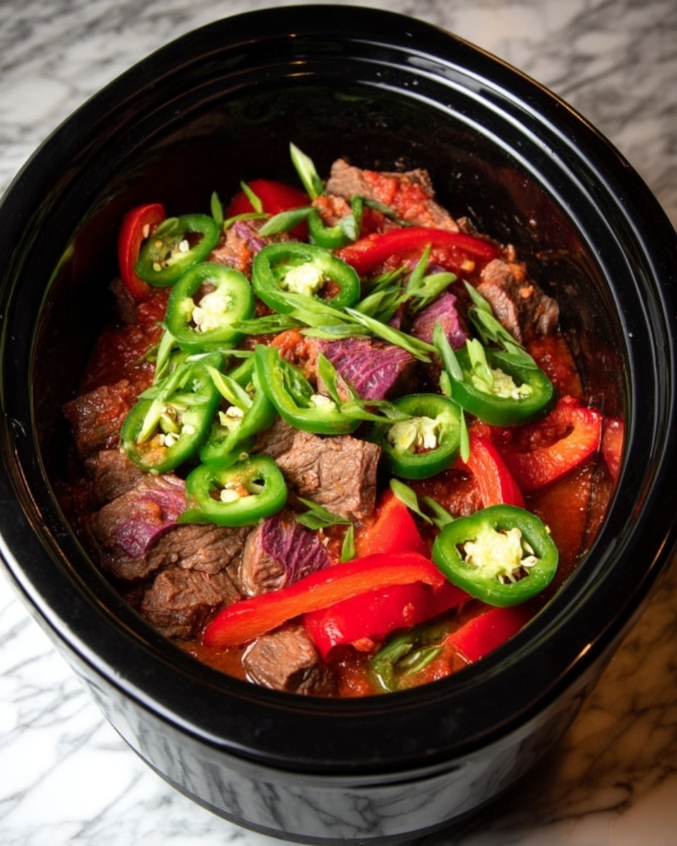 The image shows a black slow cooker filled with a colorful mix of food layers. The bottom layer is red tomato sauce, visible between thick slices of cooked beef that have a dark brown color with some pink edges. On top of the beef are bright green sliced jalapeños and red bell pepper strips. The slow cooker sits on a white marbled surface. photo taken with an iphone --ar 4:5 --v 7
