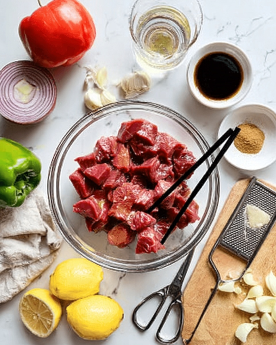 A glass bowl is filled with chunks of raw red meat, being held by black chopsticks. Around the bowl, there are various ingredients: a red tomato, a light green pepper, and a red onion, all placed on a white marbled surface. There is also a small white dish with dark brown sauce, another small white dish with a light brown powder, a small glass with a clear liquid, a white bowl with several peeled cloves of garlic, a metal grater on a wooden board with two lemon halves, one whole lemon, and a pair of silver scissors. The scene is bright and well-lit, showing a fresh and colorful preparation environment. photo taken with an iphone --ar 4:5 --v 7