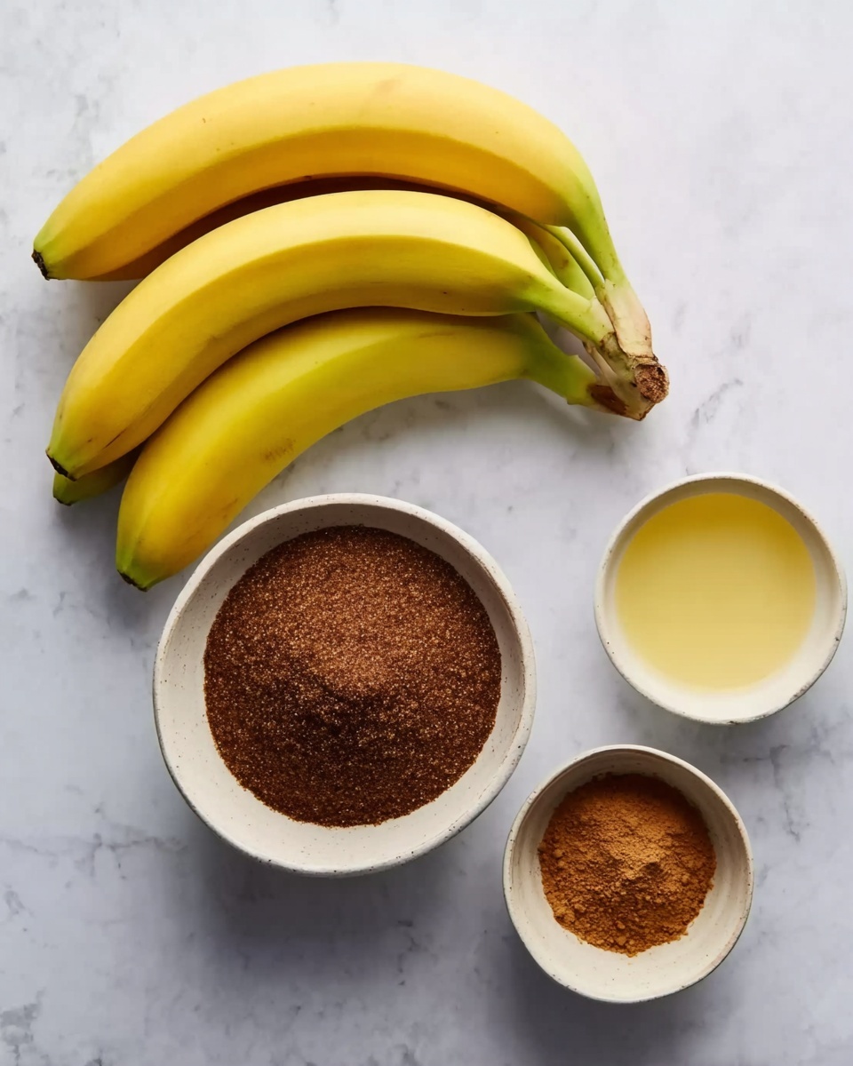The image shows a bunch of ripe yellow bananas on the left side, next to three small white bowls placed on a white marbled surface. The largest bowl in the center is filled with dark brown sugar, the bowl to the top right contains a pale yellow liquid, and the smallest bowl to the far right holds a reddish-brown powder, likely cinnamon. The colors include the bright yellow bananas, the rich brown sugar, the light yellow liquid, and the warm brown spice against the clean light background. photo taken with an iphone --ar 4:5 --v 7