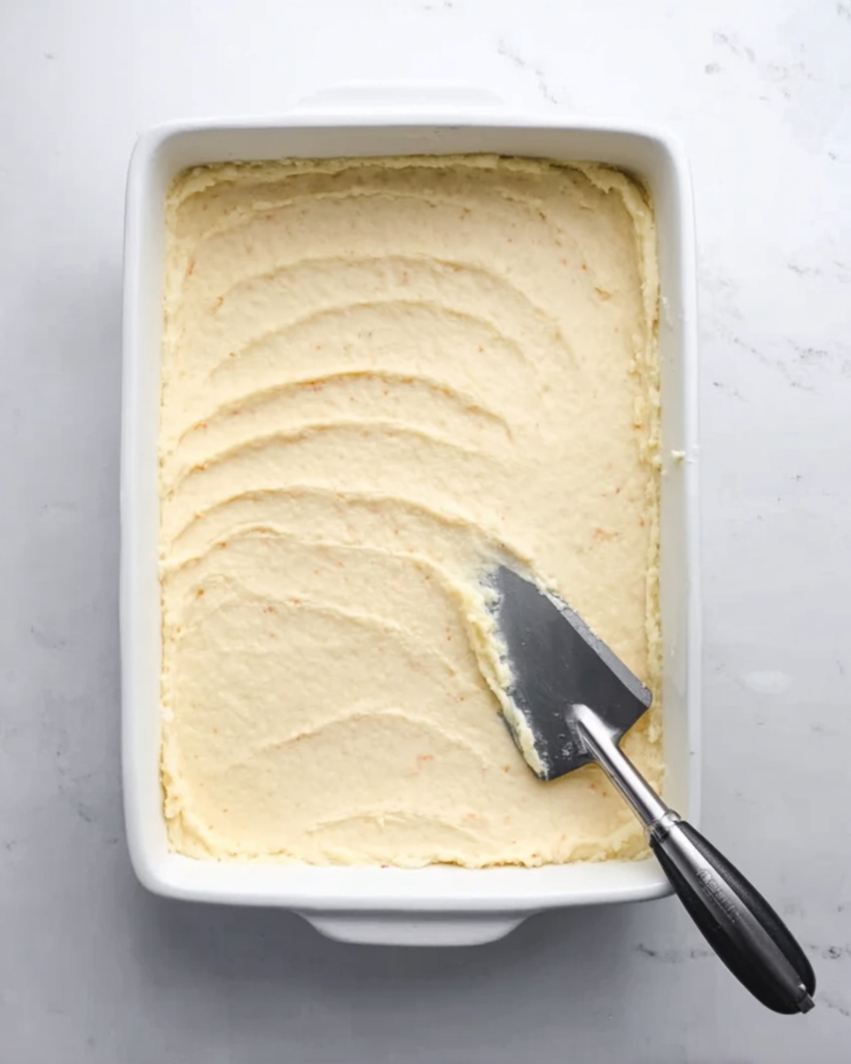 A white rectangular baking dish filled with a smooth layer of creamy, light beige mashed potato spread evenly to cover the entire surface. There is a black spatula with a silver handle resting on the right side of the dish, slightly pressing into the mash, showing soft texture and small ridges. The dish sits on a white marbled surface. Photo taken with an iphone --ar 4:5 --v 7
