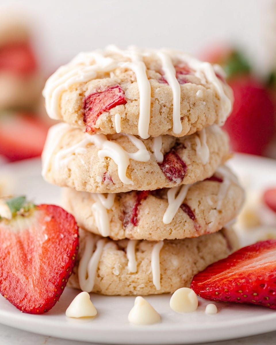 A close-up view of a stack of four soft cookies on a white plate. The cookies are light beige with a slightly crumbly texture and have pieces of bright red strawberry embedded inside. Each cookie is topped with a drizzle of white icing that runs in thin lines across the surface and drips slightly down the sides. Around the plate, there are halved fresh strawberries showing their red flesh and green leaves, and some small white chocolate chips scattered nearby. The background is a clean white marbled texture. photo taken with an iphone --ar 4:5 --v 7