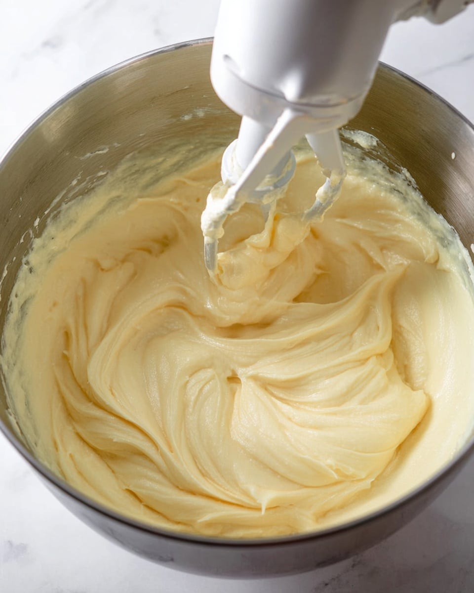 A close-up view of a metal mixing bowl with thick, smooth, creamy light yellow batter inside. The batter is being mixed with a white electric mixer attachment that is partially submerged and covered with batter. The texture of the batter looks soft and fluffy with gentle swirls and folds. The bowl sits on a white marbled surface, and the focus is on the creamy batter and the mixer attachment. photo taken with an iphone --ar 4:5 --v 7