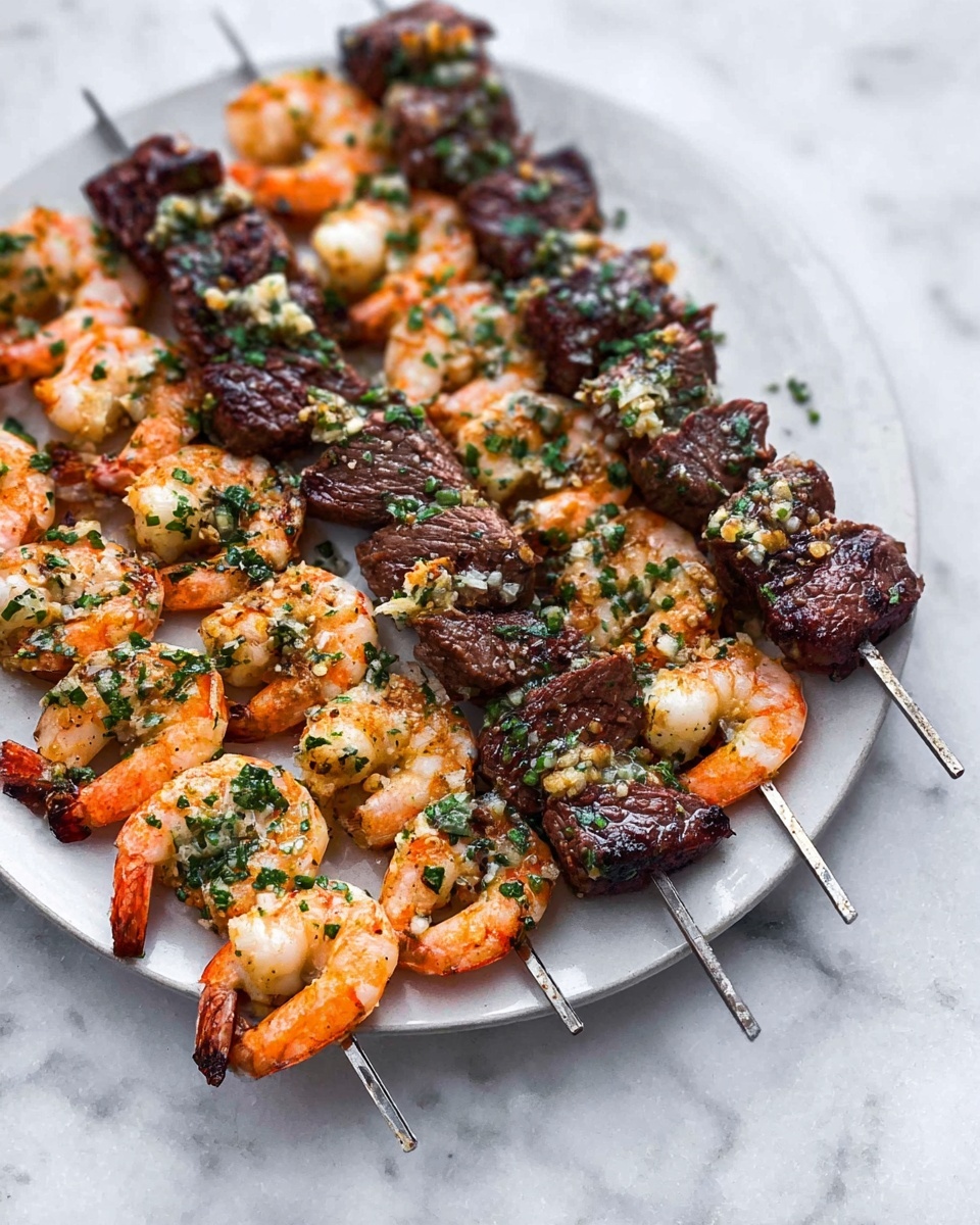 The image shows a white round plate placed on a white marbled surface, holding several metal skewers with alternating layers of grilled shrimp and beef chunks. The shrimp are pink-orange with light char marks and are sprinkled with small green herb pieces and bits of garlic. The beef pieces are dark brown with a slightly shiny, juicy texture and are also lightly garnished with green herbs and bits of garlic. The skewers are arranged in a neat row covering the plate, creating a colorful mix of pink shrimp and dark beef. Photo taken with an iphone --ar 4:5 --v 7