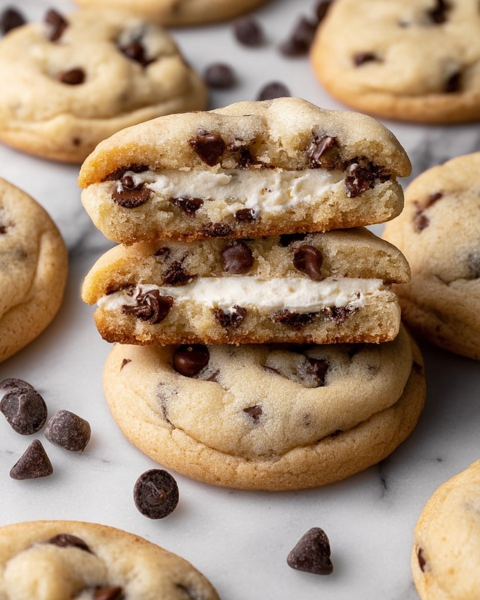 The image shows soft round cookies with a light beige color and visible dark chocolate chips spread throughout. In the center, three cookies are stacked, with the top two cut in half to reveal a creamy white filling inside. The cookies have a slightly bumpy texture on top with chocolate chips partly melted. Around the stacked cookies, whole cookies and some loose dark chocolate chips are scattered on a white marbled surface. Photo taken with an iphone --ar 4:5 --v 7