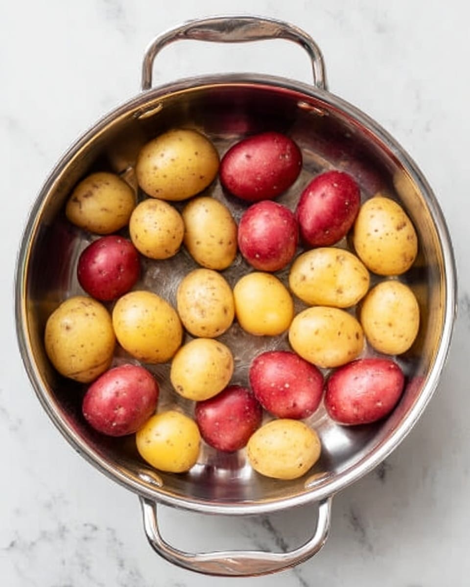 The image shows a silver metal pot with two handles on a white marbled surface. Inside the pot, there are two types of uncooked small potatoes: several smooth red potatoes and several smooth yellow potatoes mixed together. The potatoes are whole, with their natural skins, and fill the pot evenly, showing a mix of red and yellow colors. Photo taken with an iphone --ar 4:5 --v 7