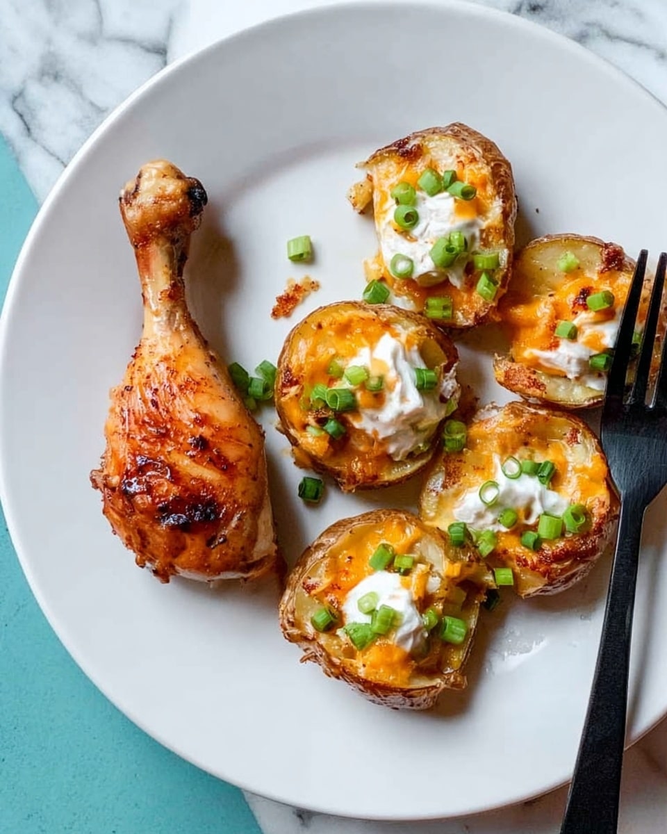 The image shows a white plate with one cooked chicken drumstick that is golden brown and slightly crispy on the left side. To the right, there are four smashed small potatoes with crispy skins and golden, slightly soft interiors. Each potato is topped with melted orange cheese, a dollop of white sour cream, and small green pieces of chopped green onions. The plate is placed on a white marbled surface with a black fork to the right side. photo taken with an iphone --ar 4:5 --v 7