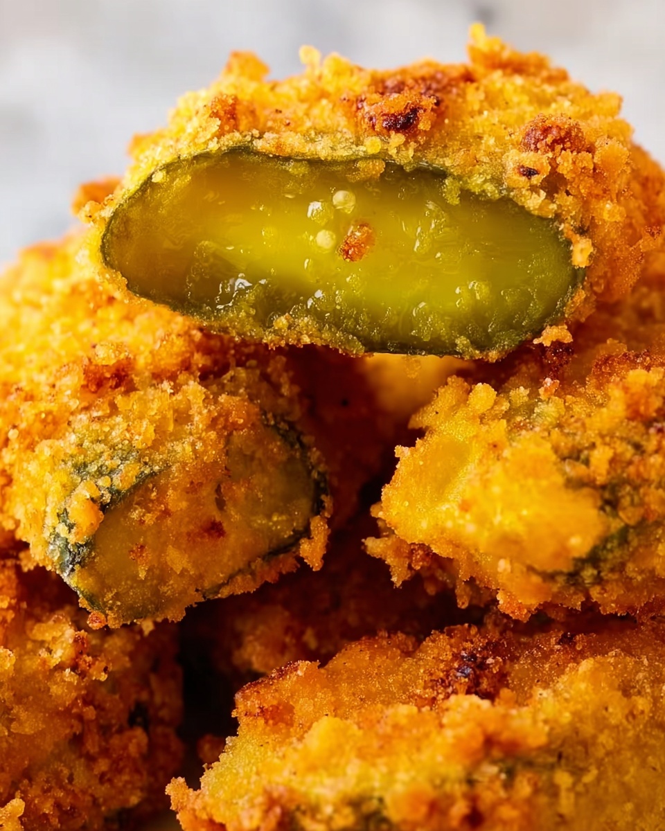 A close-up image of fried pickles stacked together, showing one pickle sliced to reveal a bright green inside with visible seeds. The outer layer is a golden brown, crispy batter with a rough texture, tightly wrapping each pickle piece. The focus highlights the crunchy coating details and the glossy wetness of the green pickle center. The background is a white marbled texture. Photo taken with an iphone --ar 4:5 --v 7