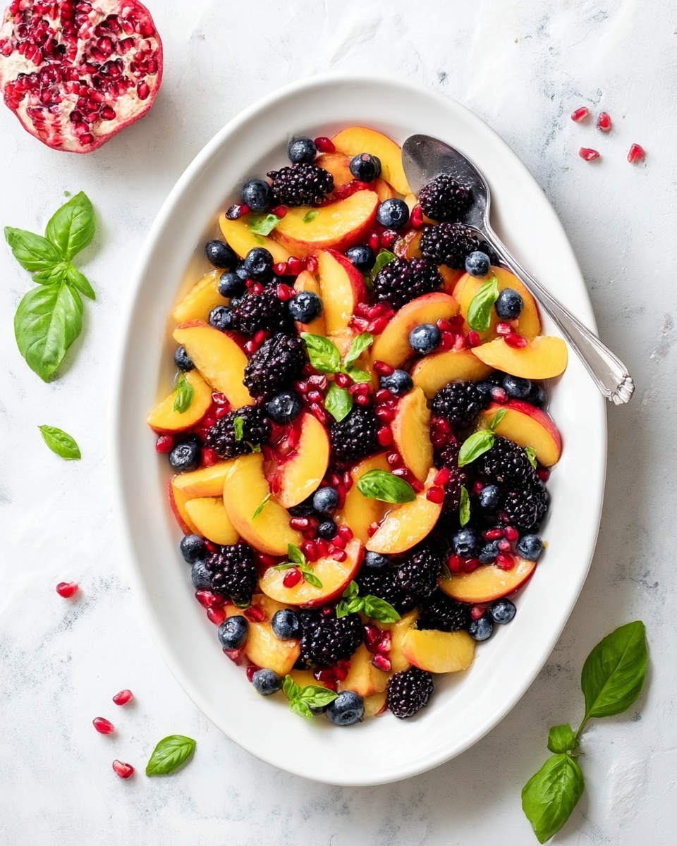 A white oval plate filled with a colorful fruit salad showing three main layers of sliced yellow peaches with red skin on the bottom and middle, scattered blackberries and blueberries forming the middle and top layers, with bright red pomegranate seeds mixed in and small green basil leaves sprinkled across evenly, all resting on a white marbled surface. A silver spoon rests on the right side inside the plate. Half a pomegranate with visible red seeds is placed in the upper left corner and a few whole basil leaves are around the plate. Photo taken with an iphone --ar 4:5 --v 7