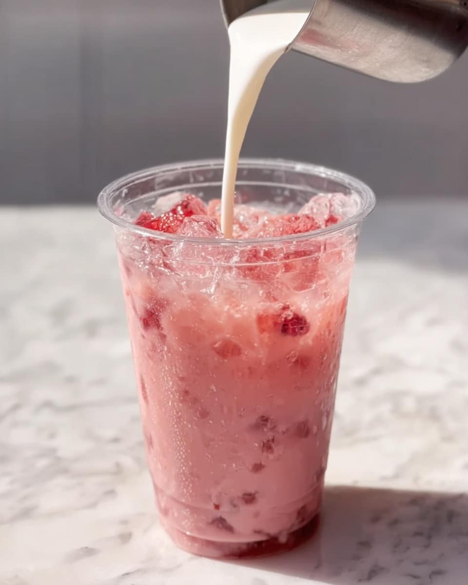 A clear plastic cup filled with a pink drink that has small pieces of red fruit and crushed ice mixed throughout. On top, white milk is being poured from a small metal container, creating a smooth layer as it blends into the drink. The cup sits on a white marbled surface with soft shadows beneath. photo taken with an iphone --ar 4:5 --v 7