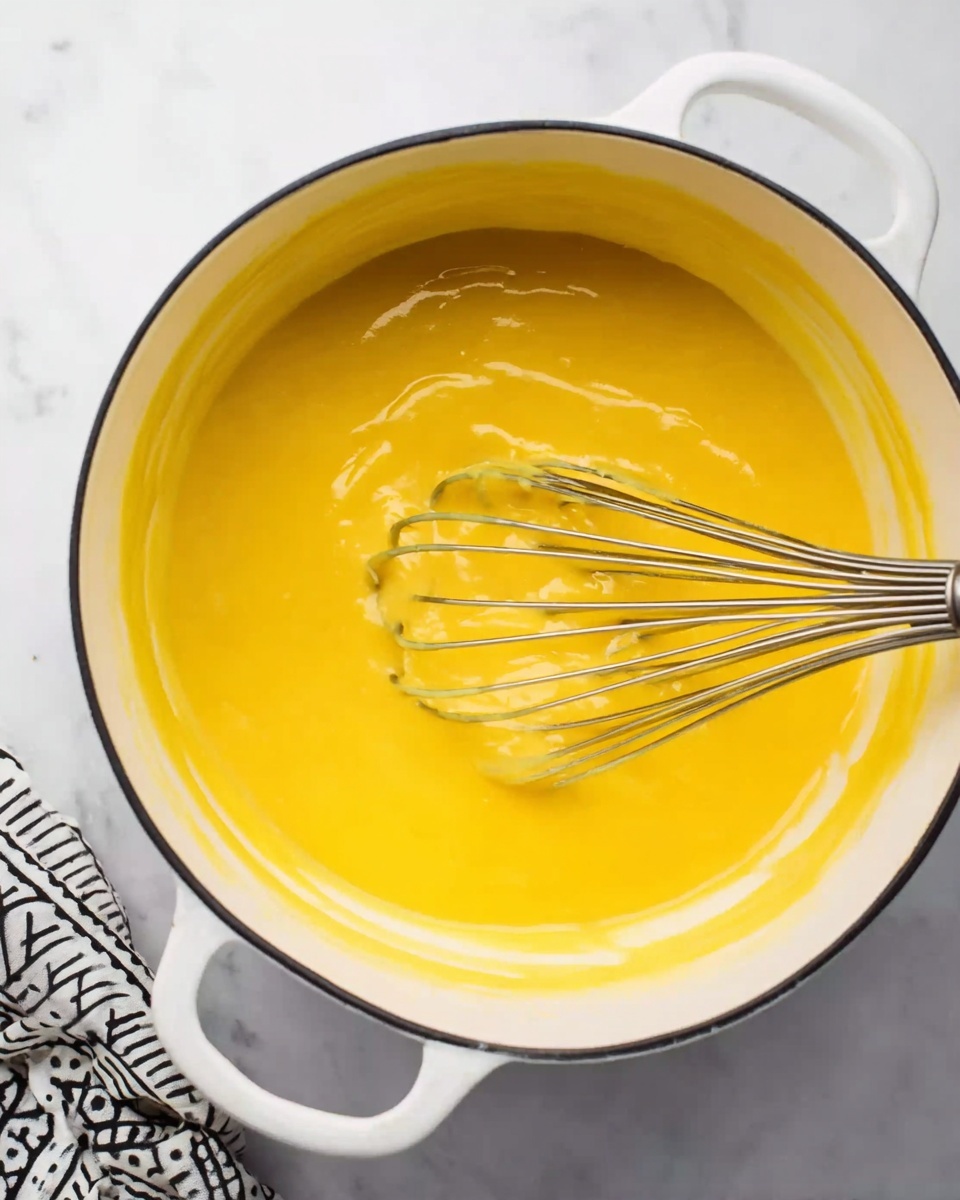 A white pot with two handles is shown from above, filled with a thick, smooth yellow mixture that has a creamy texture. Inside the pot, a silver whisk is partially submerged in the yellow mixture, positioned towards the lower left side, with some of the mixture clinging to the whisk wires. The pot sits on a white marbled surface, and a black and white cloth with a simple pattern is partially visible in the bottom left corner. The lighting is natural, highlighting the mixture's glossy surface. photo taken with an iphone --ar 4:5 --v 7