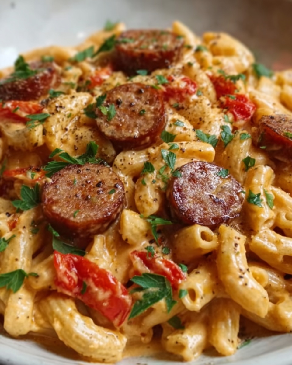 The image shows a close-up of a pasta dish with short, tube-shaped noodles mixed with a creamy, light orange sauce. There are slices of browned sausage evenly spread through the pasta, each slice showing a slightly seared surface with a rich, dark brown color. Small pieces of red tomatoes are mixed in, adding pops of bright color, while green parsley leaves are sprinkled on top as a garnish. The sauce looks smooth and lightly coated on the pasta, with some black pepper flakes visible. The dish is placed on a white marbled surface. photo taken with an iphone --ar 4:5 --v 7